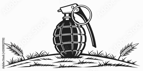 Military hand grenade graphic illustration on natural ground with wheat stalks handgrenade military explosive ammunition isolated illustration silhouette conflict ordnance protection