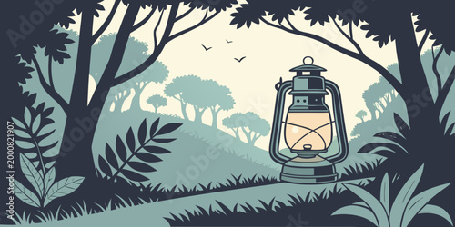 Vintage style lantern glowing in a forest landscape illustration with landscape adventure woodland illustration explorer wilderness mystical atmospheric peaceful background template