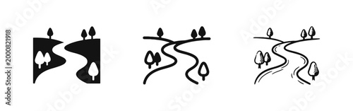 River Landscape with Trees Icon Set - Solid, Outline, and Hand Drawn Styles