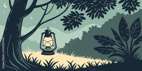 Antique lantern glowing softly in a serene night forest setting with kerosene woodland wilderness outdoors illumination adventure landscape illustration minimalist peaceful silhouettes