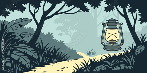 Misty forest path with glowing floating lantern woodland adventure illustration background wilderness atmosphere peaceful exploration mysterious equipment landscape tranquil