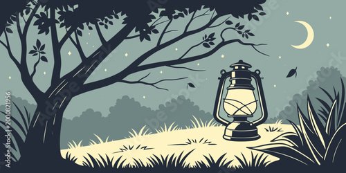 Vintage lantern radiating warmth under a starlit forest canopy at night with woodland outdoors wilderness adventure landscape peaceful illumination illustration minimalist silhouettes