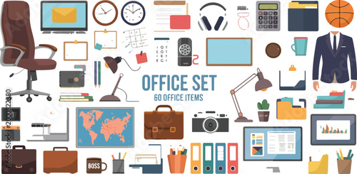 Cuadro en lienzo Colored flat vector office accessories big set cartoon business icons modern tem