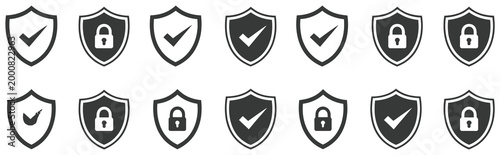 Shield security icon set, vector illustration with protection symbols, check marks and lock elements, cybersecurity and safety interface concept, clean modern design.