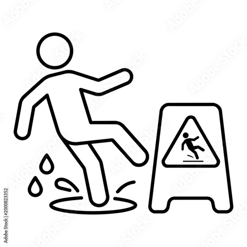 Valokuva Vector line art icon of a stick figure slipping on a wet floor next to a caution warning sign