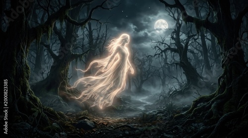 A spectral woman drifts through a dark, ancient forest under a full moon. Her ethereal form glows with a soft light, illuminating the gnarled trees 