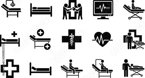 Hospital care icons set, patient treatment, medical staff, healthcare professionals, heart monitoring, intravenous therapy, stretcher service, clinical support, emergency aid
