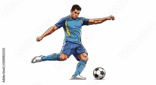 A soccer player in action, kicking the ball with precision and power. The illustration highlights the player's athletic build and focus