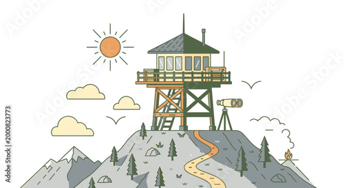 Fire lookout tower, mountain landscape, scenic view, vector illustration