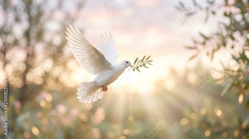 A white dove with an olive branch in its beak flying against a blurred background.