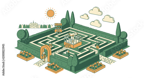 Isometric garden maze, green hedge labyrinth, park landscape design, vector illustration