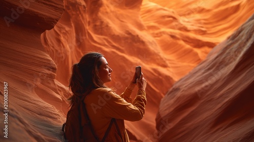 Side view of a woman using a smartphone to photograph dramatic orange sandstone walls inside a narrow slot canyon, travel adventure concept with warm evening light