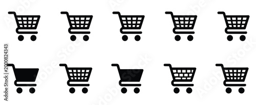 Shopping cart icon set line and solid style for ecommerce purchase vector illustration, clean outline and filled glyph set for online buying experience, retail website navigation, product selection 