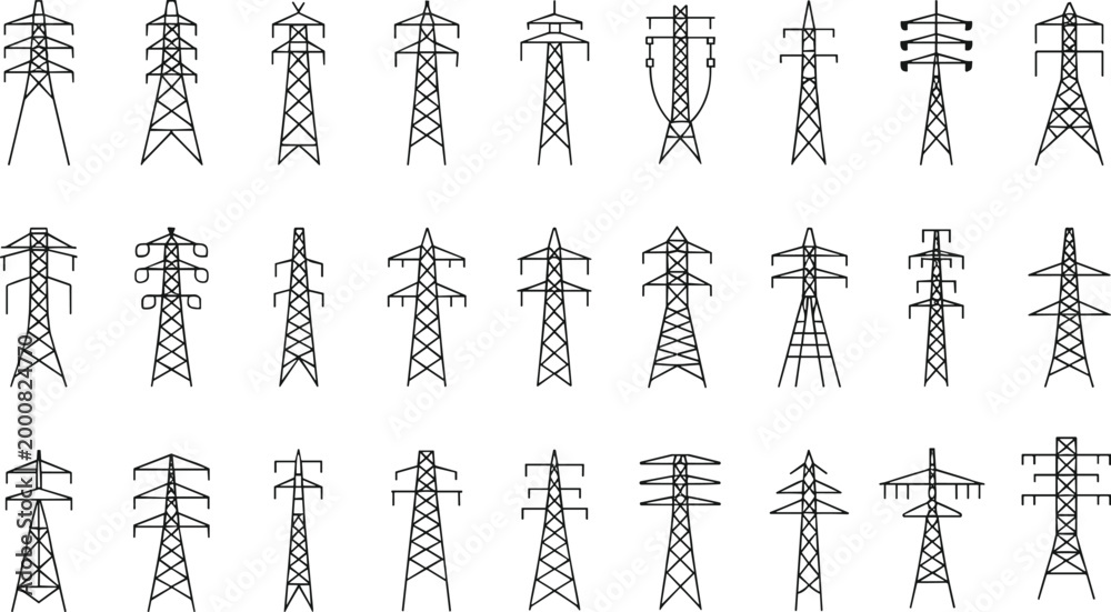 Fototapeta premium Electric transmission tower silhouettes collection featuring high voltage power line pylons in various designs isolated on white background vector set