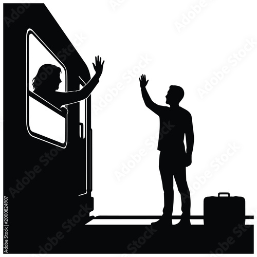 Emotional farewell silhouette at a train station between a couple