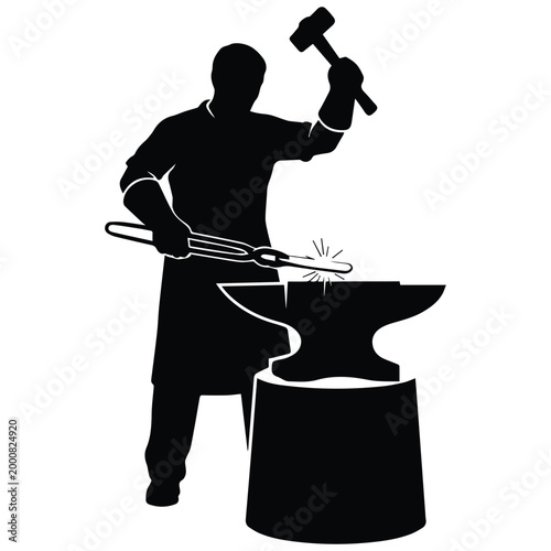 Blacksmith silhouette forging hot metal on an anvil with hammer