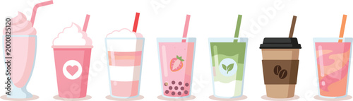 Collection of refreshing beverages with colorful layers and toppings in a row against white background
