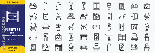 Home furniture icon set. Mimimalist thin line style. Editable stroke. Desk, Interior, Workplace, bed, Luxury, Chair, Furrnishing Icon collection.eb
