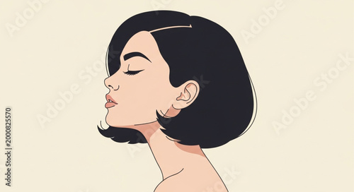 Stylized illustration of a woman with short dark hair in profile.