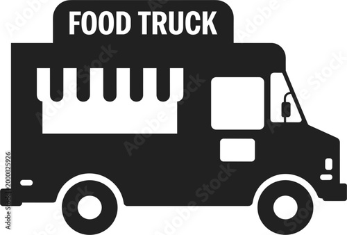 Professional vector silhouette of a modern food truck with a service window, striped awning, and prominent "FOOD TRUCK" signage.