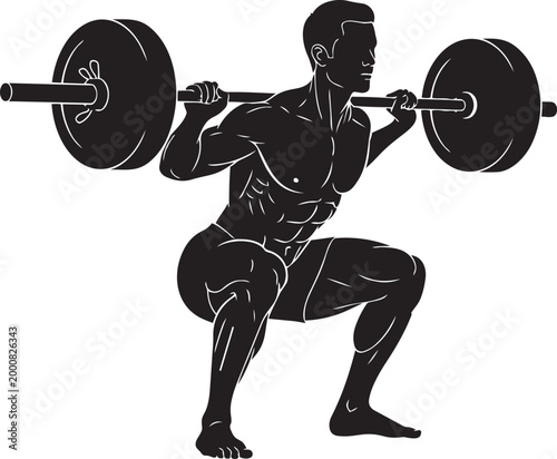 Barbell back squat silhouette fitness training exercise vector illustration isolated on white background
