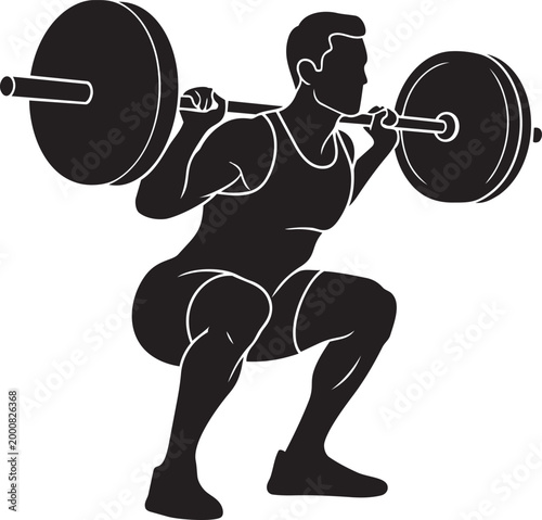 Silhouette person barbell back squat fitness exercise vector illustration isolated on white background