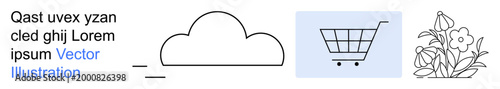 Cloud storage, e-commerce, online shopping, nature, minimal design, technology . Minimal cloud, shopping cart and floral arrangement illustration. Cloud storage and e-commerce theme designs