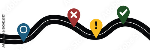 Simple graphic roadmap icons set featuring four distinct location pins depicting start error warning and success for project planning and journey vector illustration, minimal UI icon collection for 