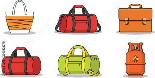 Collection of six diverse bags and a propane tank rendered in a flat design style