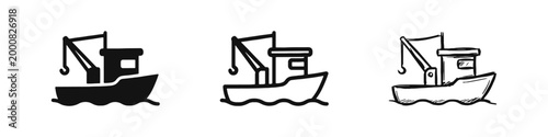 Fishing Boat Trawler with Crane Icon Set - Marine and Maritime Industry Symbols