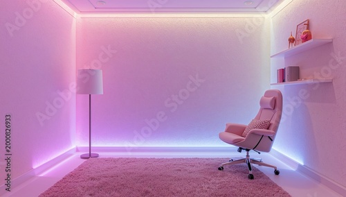 Minimal pink and purple neon room setup with gaming chair and clean interior modern aesthetic workspace creative studio lighting concept