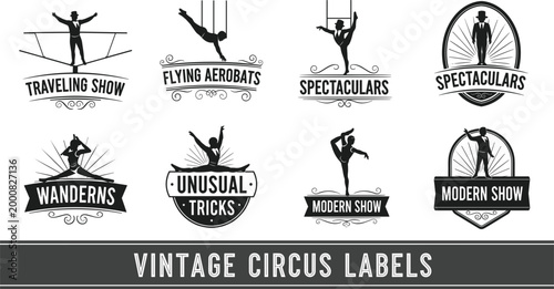 Vintage Circus Labels Collection Featuring Acrobat Performances, Flying Aerobats, and Unusual Trick Show Themes for Posters and Branding
