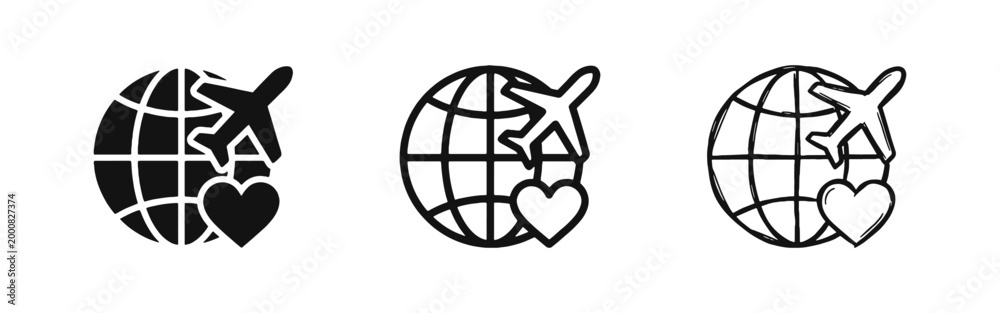 Fototapeta premium Global Travel Love and Airplane Tourism Icons