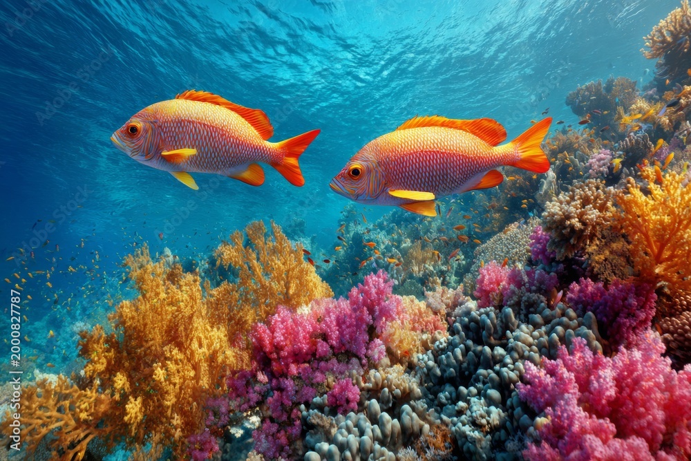 Fototapeta premium Underwater Coral Reef Scene With Colorful Fish Swimming in Clear Blue Water at Midday