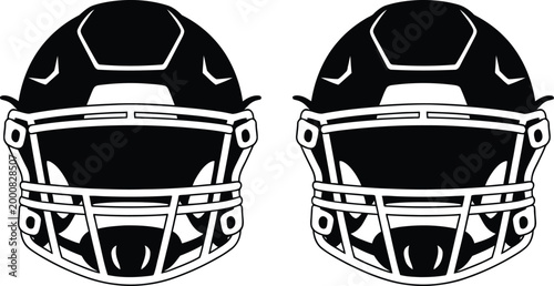 Two black silhouette American football helmets facing forward, modern vector illustration for sports icons, football competition branding, team rivalry and athletic gear design elements.