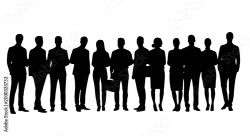 Black silhouettes of people standing in a row isolated on transparent background, Vector