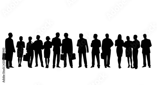 Black silhouettes of business people standing in a row isolated on transparent background, Vector