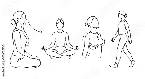 Female Meditation and Breathing Exercise Line Art Set – Calm Mind and Wellness Illustration