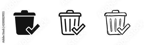 Trash Can with Checkmark Icons Set - Delete Confirmation and Success Symbols