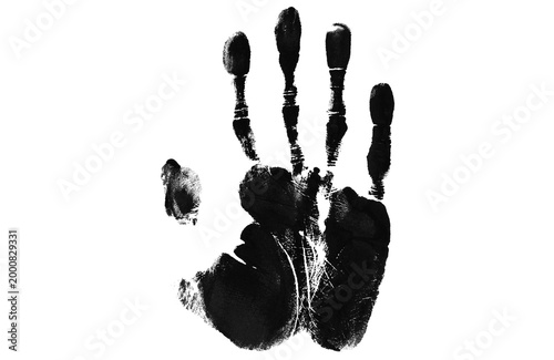 Grungy black handprint on white background, textured ink palm print, human hand silhouette with distressed paint details, forensic evidence concept