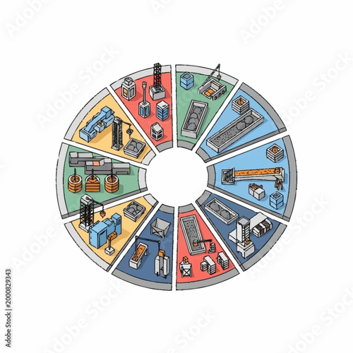Circular diagram illustrating various industrial manufacturing processes and machinery in a stylized, isometric view.