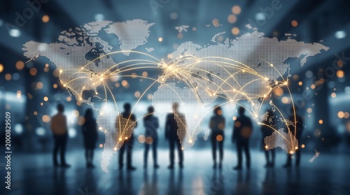 Global network connection map over blurred business executives in a modern office, concept for international commerce, data connectivity and financial technology innovation