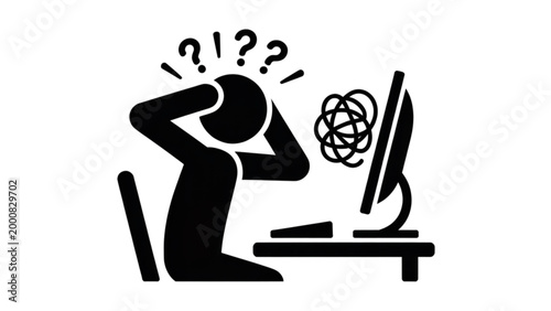 Stressed man sitting at desk with messy hair and computer screen Vector