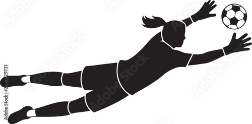 Female goalkeeper diving to catch soccer ball