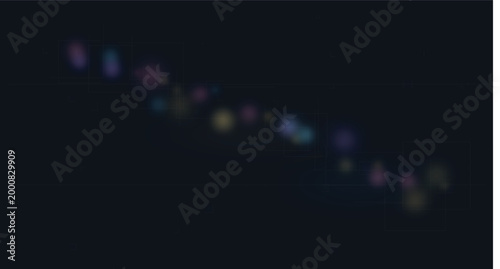 Abstract diagonal arrangement of colorful bokeh light orbs on deep dark background for creative art