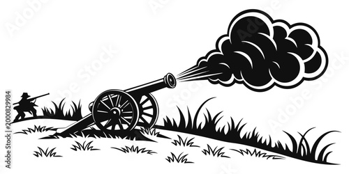 Foto Historical artillery cannon firing in field battle silhouette illustration with