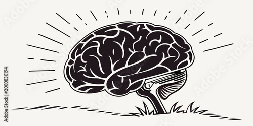 Foto Stylized black and white illustration of human brain with radiating energy lines