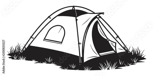 Fotografie Minimalist black and white vector illustration of a camping tent in grass with o