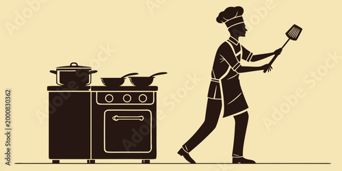 Tableau sur toile Chef holding spatula standing next to stove with cookware culinary restaurant si