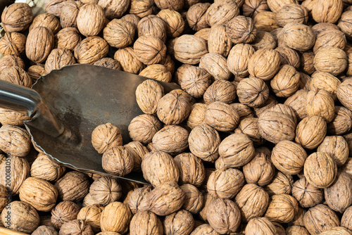 Pile of whole walnuts in shells with a metal scoop. Showing texture and harvest abundance for healthy food and market themes.